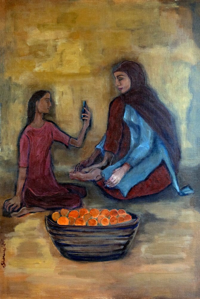 Girl on the phone oranges | 36 X 50 Inches